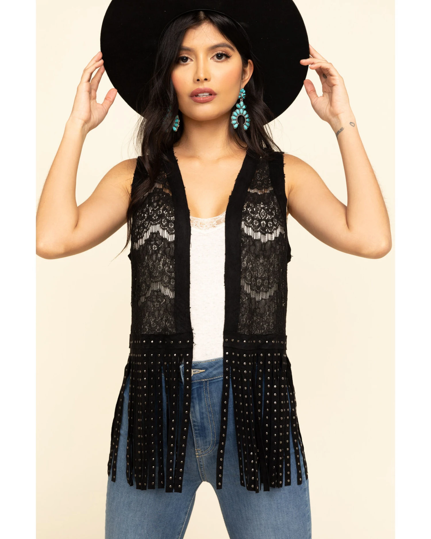 Vocal Women's Lace Studded Fringe Vest 1 Vocal Women's Lace Studded Fringe Vest