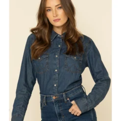 Wrangler Women's Dark Denim Washed Long Sleeve Pearl Snap Western Shirt 