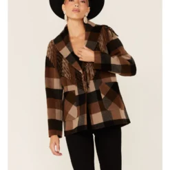 Pendleton Women's Charcoal & Camel Fringed Wool Blend Barn Coat