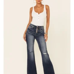 Shyanne Women's Dark High Rise Flare Distressed Knee Flare Stretch Denim Jeans