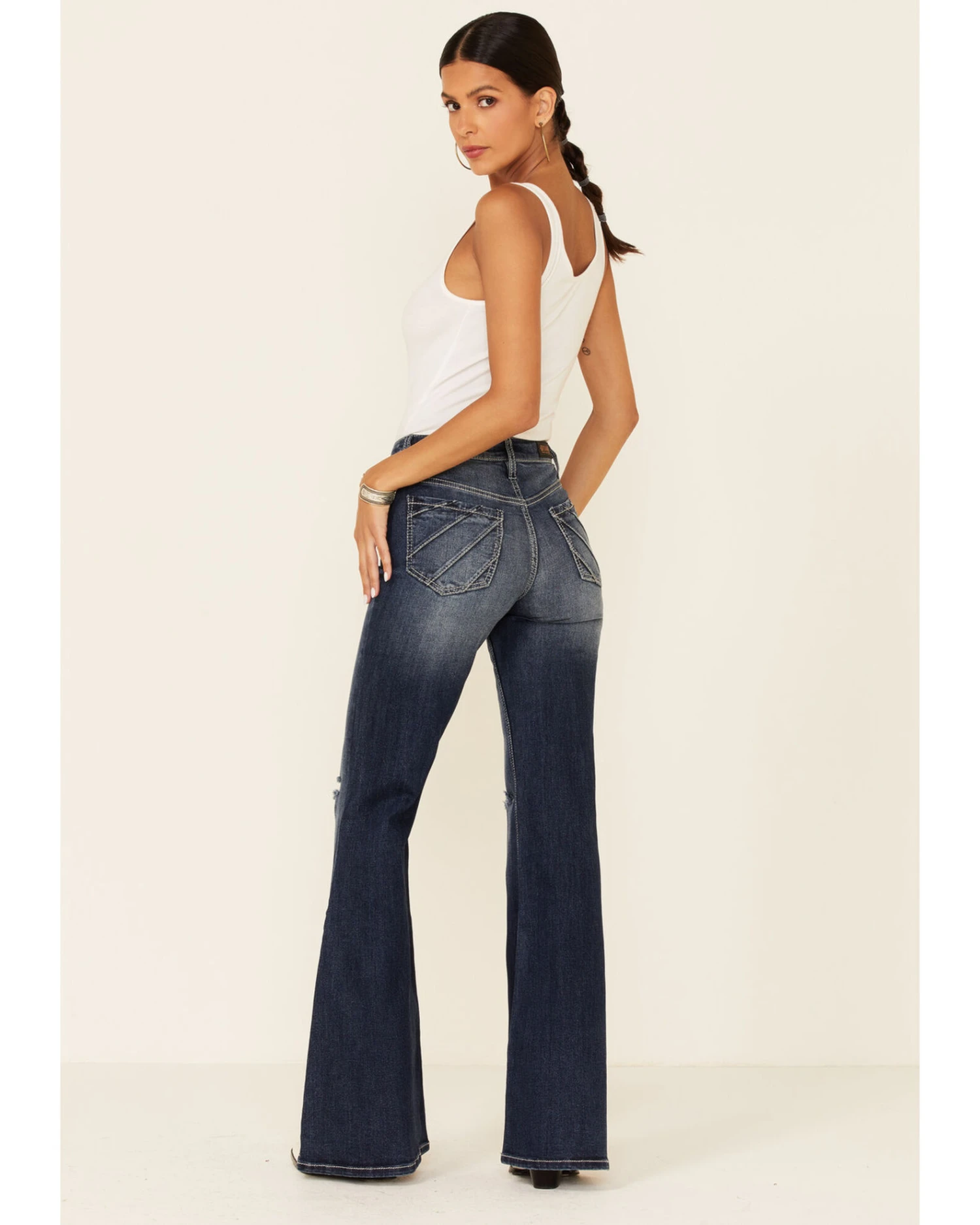 Shyanne Women's Dark High Rise Flare Distressed Knee Flare Stretch Denim Jeans 4 Shyanne Women's Dark High Rise Flare Distressed Knee Flare Stretch Denim Jeans - Image 4