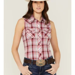 Roper Women's Classic Plaid Print Sleeveless Western Pearl Snap Shirt