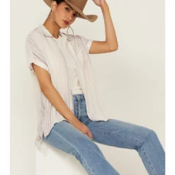 North River Women's Crinkle Ryn Stripe Short Sleeve Shirt