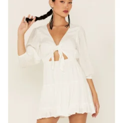 Lush Women's Tie Front Cutout Tiered Long Sleeve Dress