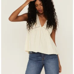 Molly Bracken Women's Ivory Lace Trim Cross Back Top