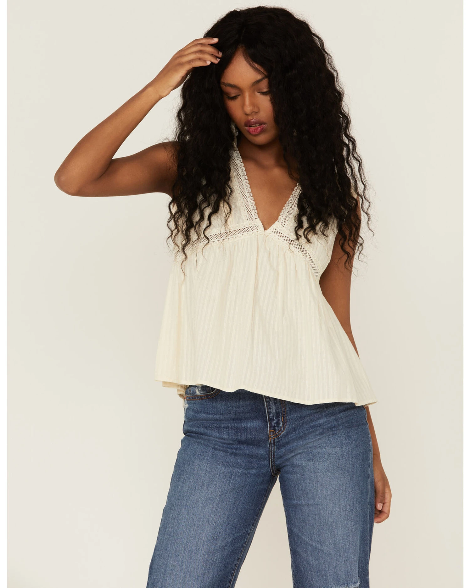 Molly Bracken Women's Ivory Lace Trim Cross Back Top 1 Molly Bracken Women's Ivory Lace Trim Cross Back Top