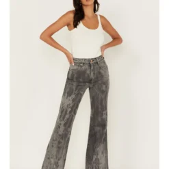 Wrangler Women's Wanderer Laser Acid Wash High Rise Distressed Flare Jeans