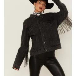 The Andy Jacket By DanielXDiamond: Women's Gray Denim Jacket With Gunmetal Fringe 