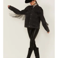 The Andy Jacket By DanielXDiamond: Women's Gray Denim Jacket With Gunmetal Fringe  -Default Template 4 2000371345 022 P3