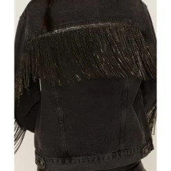The Andy Jacket By DanielXDiamond: Women's Gray Denim Jacket With Gunmetal Fringe  -Default Template 4 2000371345 022 P4