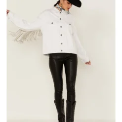 The Billy Jacket By DanielXDiamond: Women's White Denim Jacket With Silver Fringe 