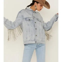 The Dylan Jacket By DanielXDiamond: Women's Blue Denim Jacket With Silver Fringe