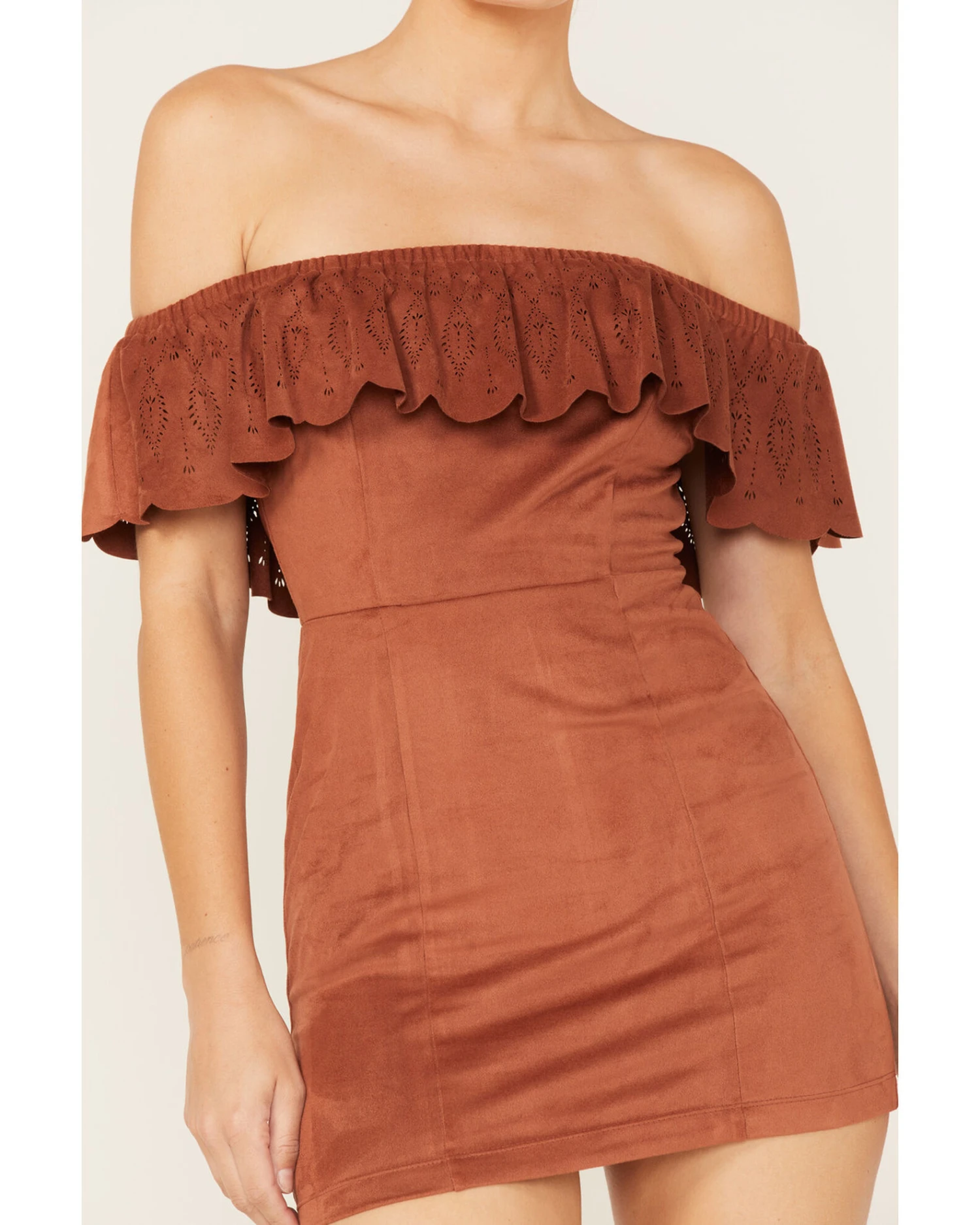Shyanne Women's Off Shoulder Faux Suede Dress 3 Shyanne Women's Off Shoulder Faux Suede Dress - Image 3
