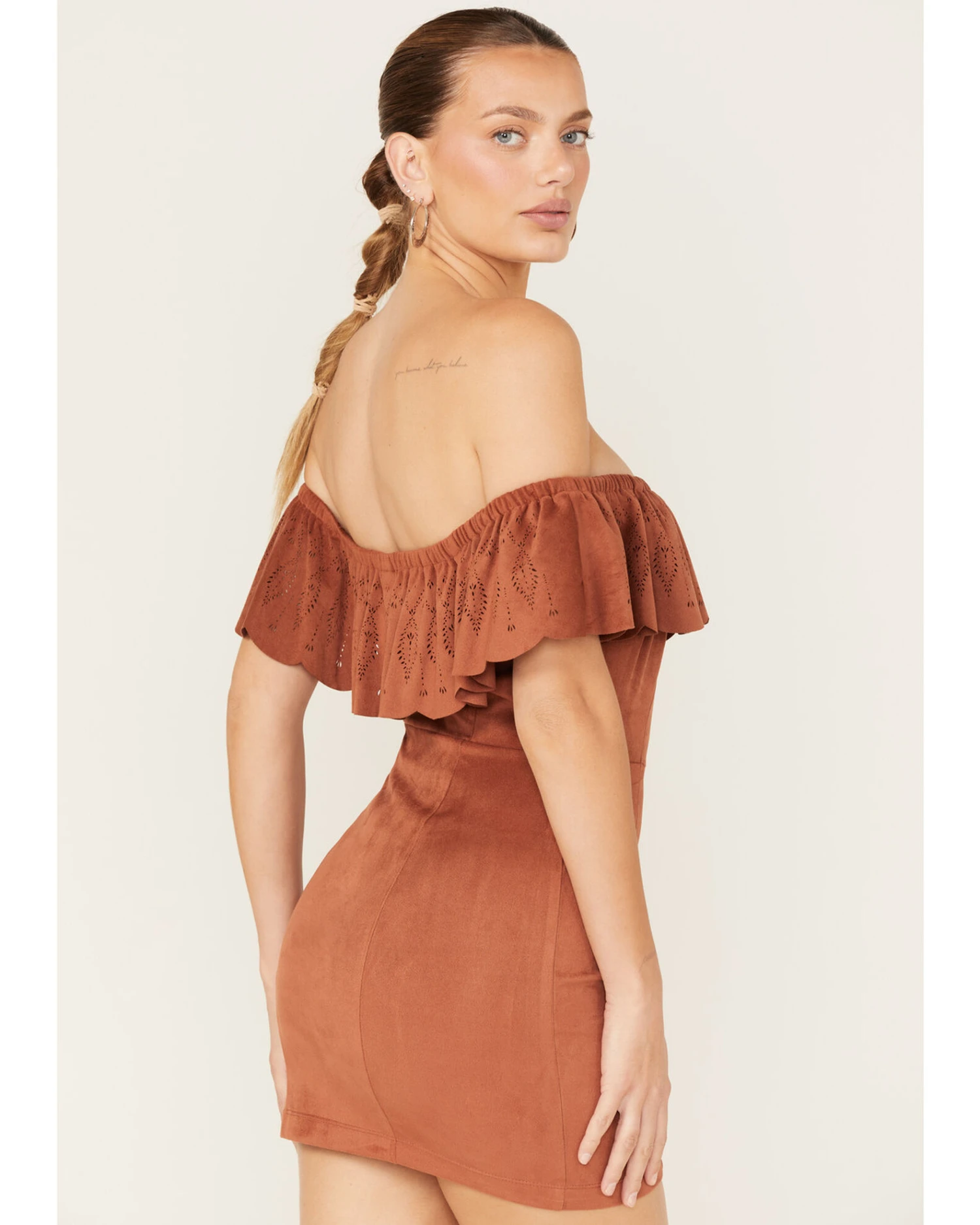 Shyanne Women's Off Shoulder Faux Suede Dress 4 Shyanne Women's Off Shoulder Faux Suede Dress - Image 4