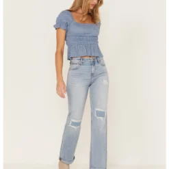 Cleo + Wolf Women's Light Wash High Rise Patchwork Distressed Straight Jeans