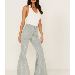 Free People Women's Light Wash High Rise Geo Print Just Float On Flare Jeans