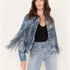 Rock & Roll Denim Women's Southwestern Print Fringe Denim Jacket