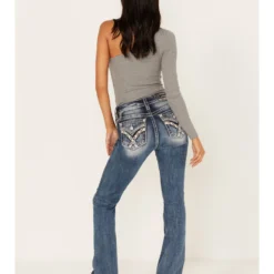 Miss Me Women's Medium Wash Mid Rise Embroidered Paisley Distressed Bootcut Jeans - Long