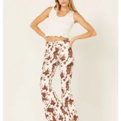 Saints & Hearts Women's High Rise Cow Print Flare Jeans