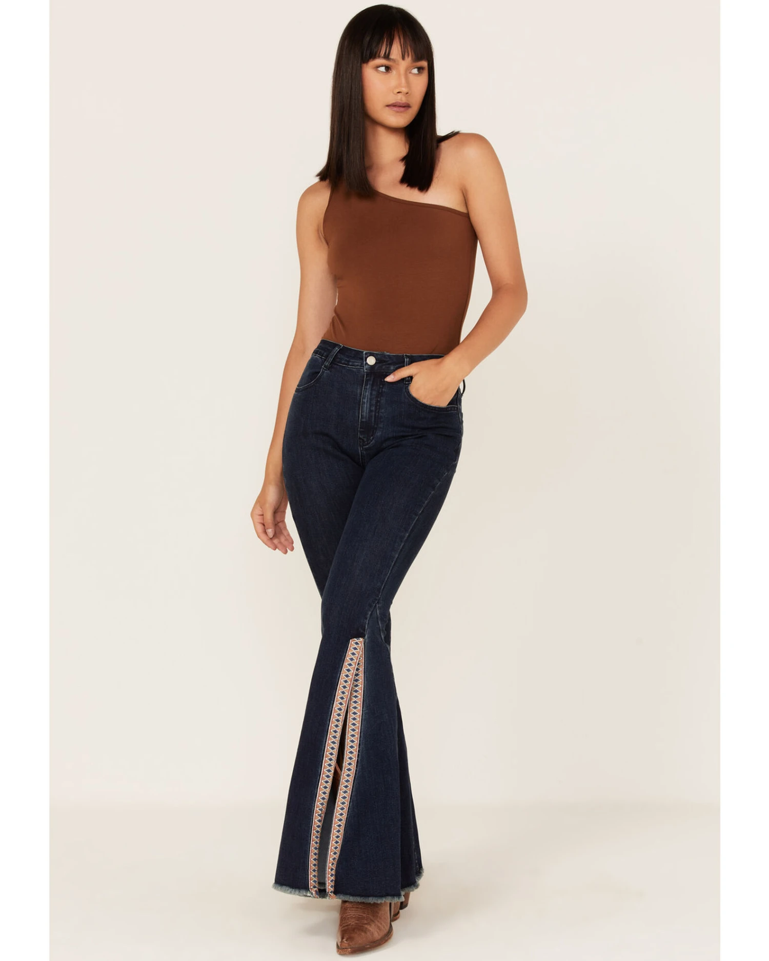 Saints & Hearts Women's Dark Wash High Rise Embroidered Slit Flare Jeans 1 Saints & Hearts Women's Dark Wash High Rise Embroidered Slit Flare Jeans