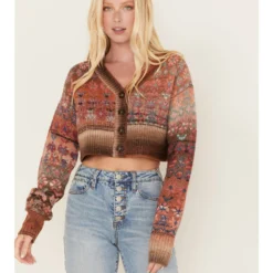 Cleo + Wolf Women's Geo Pattern Knit Cropped Cardigan
