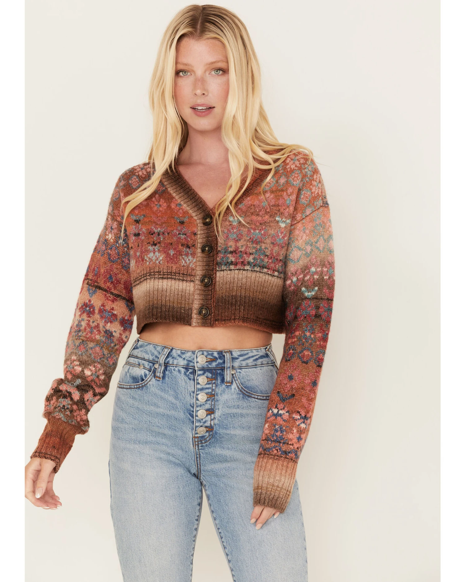 Cleo + Wolf Women's Geo Pattern Knit Cropped Cardigan 1 Cleo + Wolf Women's Geo Pattern Knit Cropped Cardigan