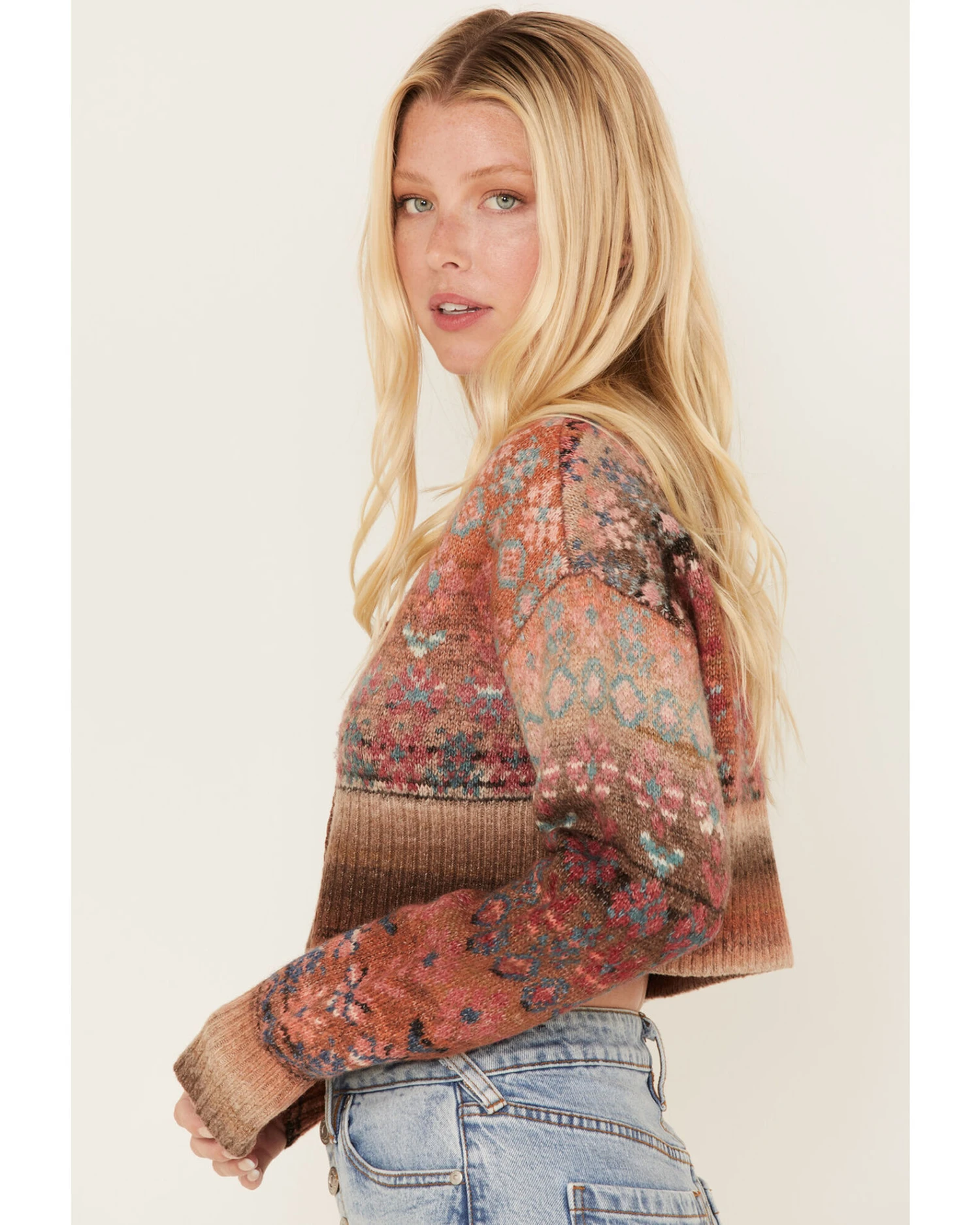 Cleo + Wolf Women's Geo Pattern Knit Cropped Cardigan 2 Cleo + Wolf Women's Geo Pattern Knit Cropped Cardigan - Image 2