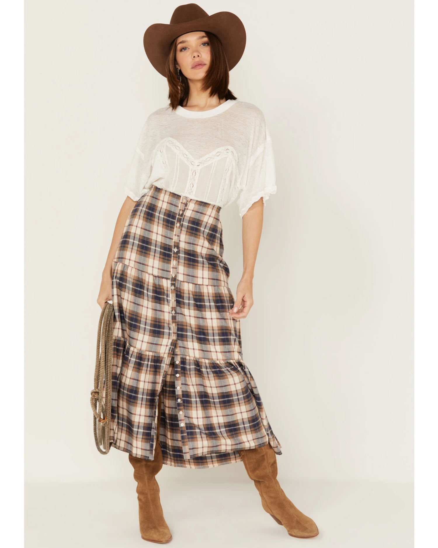 Cleo + Wolf Women's Plaid Print Button Front Midi Skirt 2 Cleo + Wolf Women's Plaid Print Button Front Midi Skirt - Image 2