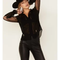 Wonderwest Women's Lace Sheer Sleeve Button Blouse
