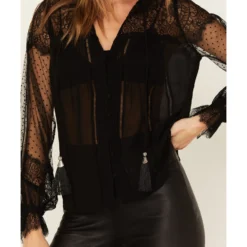 Wonderwest Women's Lace Sheer Sleeve Button Blouse -Default Template 4 2000383187 001 P3