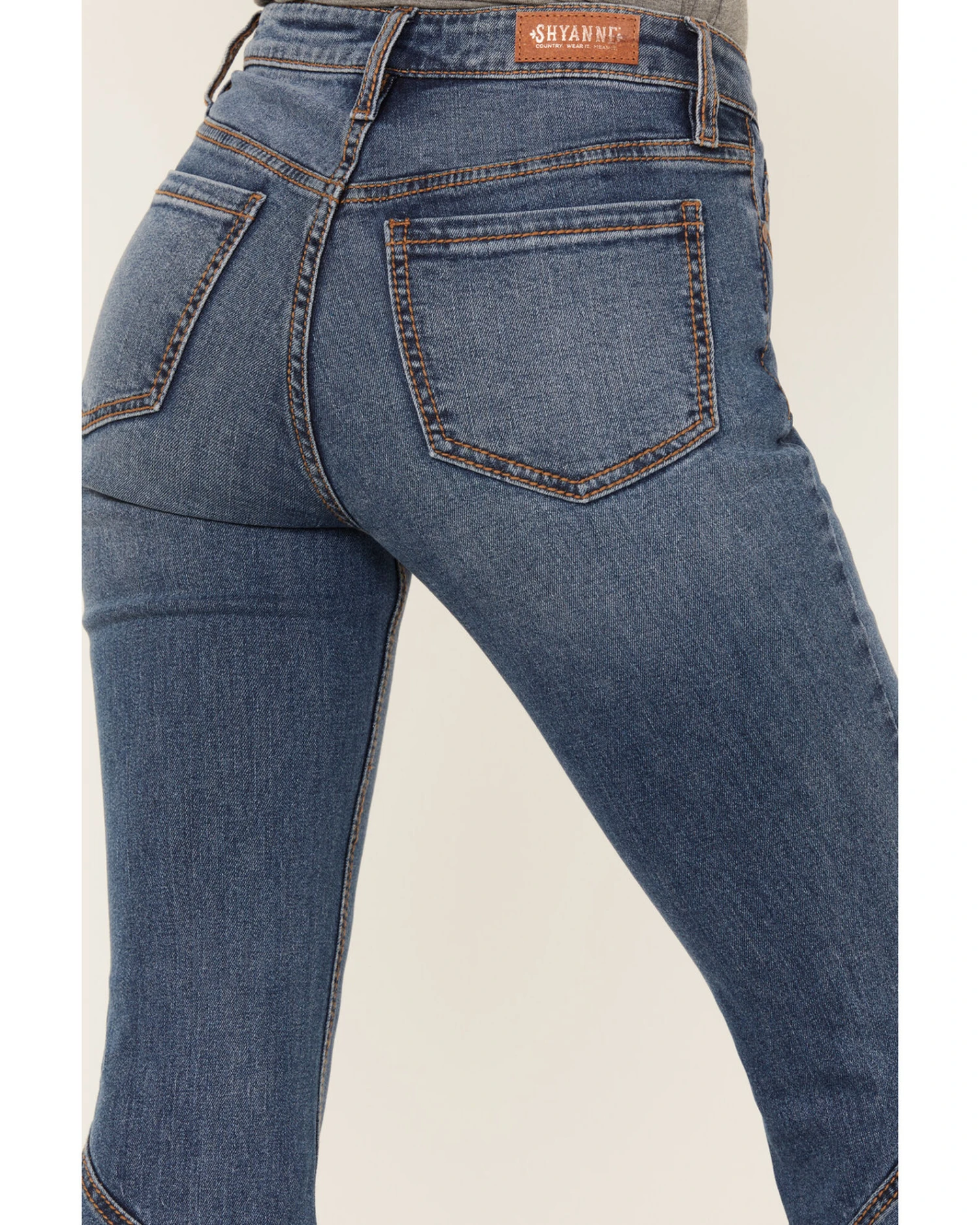 Shyanne Women's Medium Wash High Rise Ruffled Super Flare Stretch Jeans 4 Shyanne Women's Medium Wash High Rise Ruffled Super Flare Stretch Jeans - Image 4