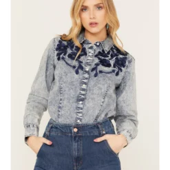 Panhandle Women's Medium Wash Floral Long Sleeve Pearl Snap Western Shirt