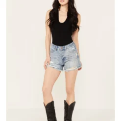 Rock & Roll Denim Women's Light Wash Mid Rise Chain Fringe Denim Shorts