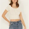 Cleo + Wolf Women's Knit Eyelet Smocked Crop Top