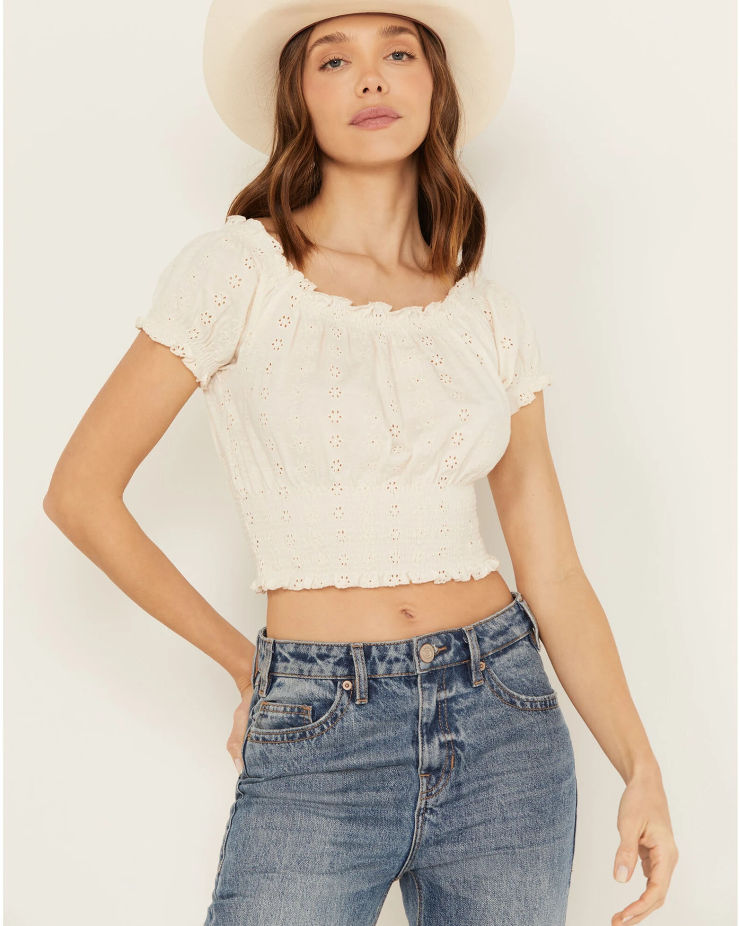 Cleo + Wolf Women's Knit Eyelet Smocked Crop Top 1 Cleo + Wolf Women's Knit Eyelet Smocked Crop Top