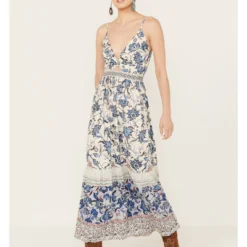 Angie Women's Knot Front Border Maxi Dress