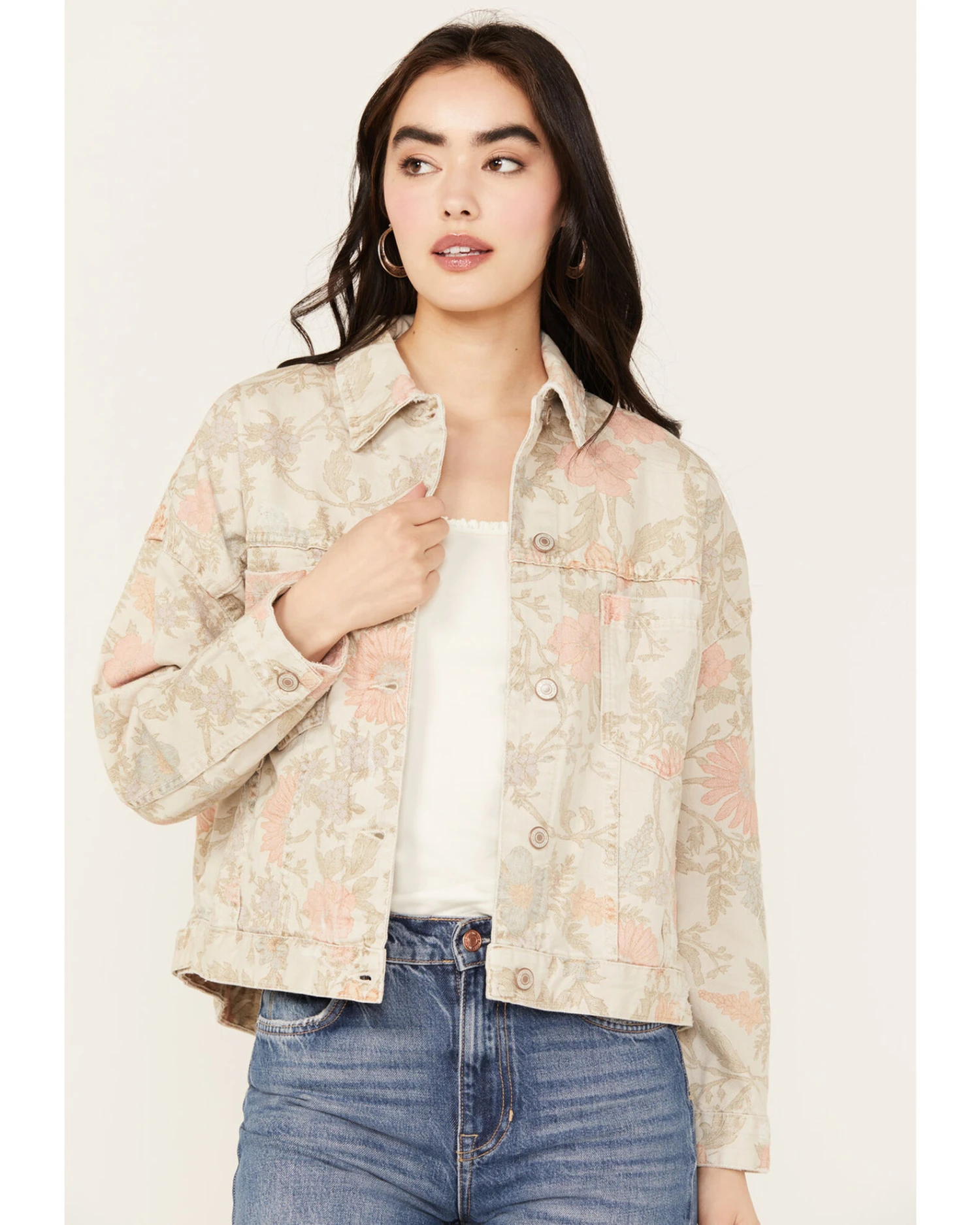 Free People Women's Floral Printed Denim Jacket 1 Free People Women's Floral Printed Denim Jacket