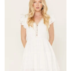 Yura Women's Button Down Ruffle Short Sleeve Mini Dress