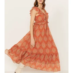 Flying Tomato Women's Ruffle Trim Printed Maxi Dress