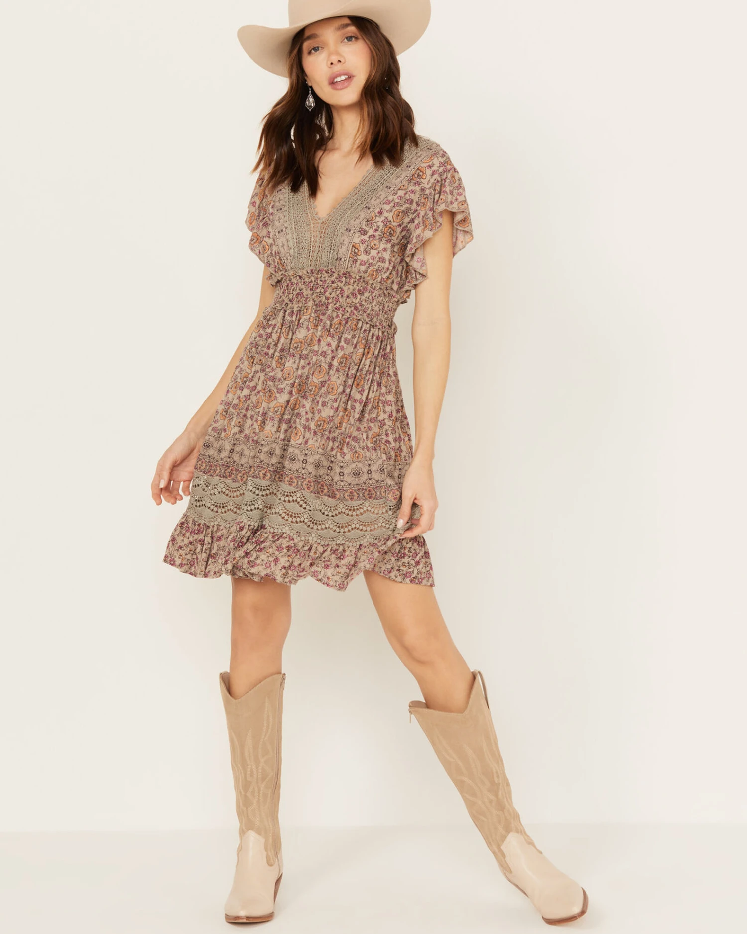 Angie Women's Flutter Sleeve Macrame Insert Floral Print Dress 1 Angie Women's Flutter Sleeve Macrame Insert Floral Print Dress