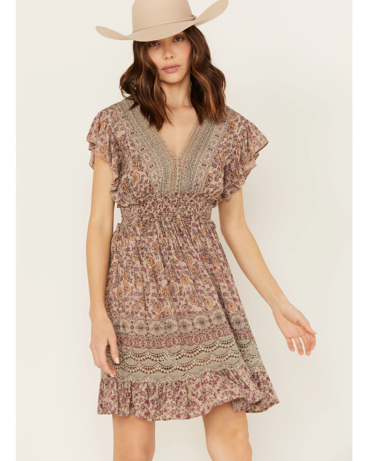 Angie Women's Flutter Sleeve Macrame Insert Floral Print Dress 2 Angie Women's Flutter Sleeve Macrame Insert Floral Print Dress - Image 2