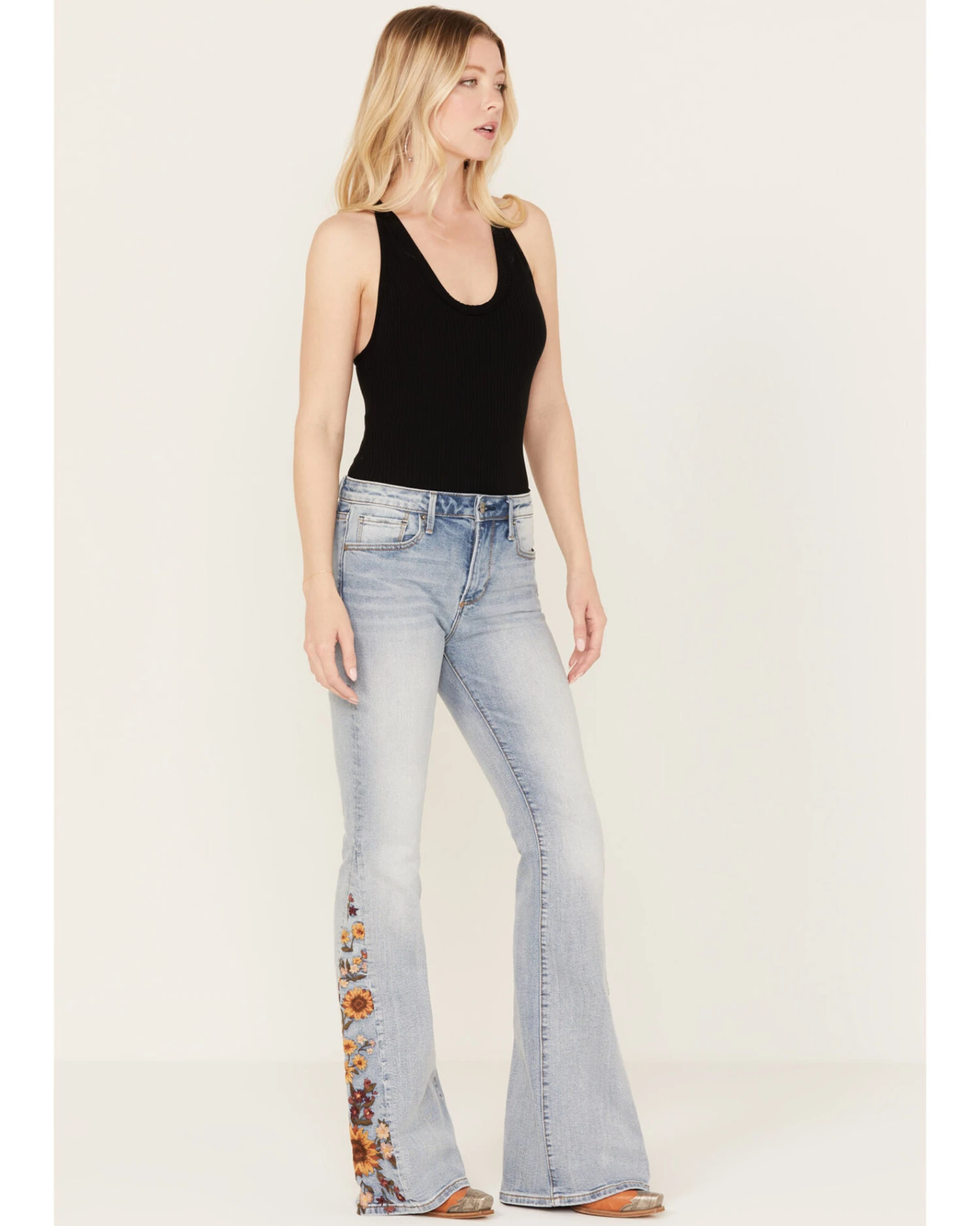Driftwood Women's Light Wash High Rise Falling Sunflower Flare Jeans 3 Driftwood Women's Light Wash High Rise Falling Sunflower Flare Jeans - Image 3